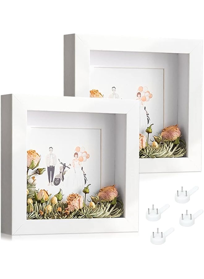 The Bros إطار صورة ثلاثي الأبعاد للتعبئة، عبوة من 2 إطار عميق ثلاثي الأبعاد 20x20 سم، صندوق صورة خشبي، إطار ظل خشبي عميق لتذكارات حفلات الزفاف، الصور، الزهور، التذاكر، (أبيض، مربع) - Image 1