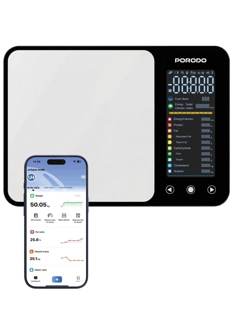 porodo Smart Food Kitchen Scale with 3-5000g Weighing Range, 5°C to 40°C Operating            temperature, High Precision Sensor, IPX5 Water Resistant, LED Digital Display, Bluetooth App Sync, Tempered Glass Platform - Silver - Image 1