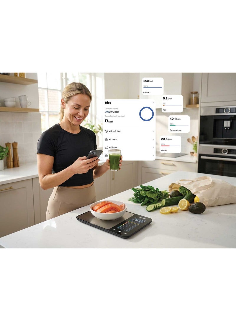 porodo Smart Food Kitchen Scale with 3-5000g Weighing Range, 5°C to 40°C Operating            temperature, High Precision Sensor, IPX5 Water Resistant, LED Digital Display, Bluetooth App Sync, Tempered Glass Platform - Silver - Image 2