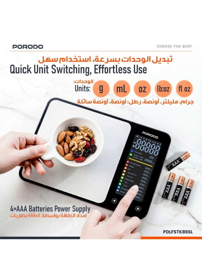 porodo Smart Food Kitchen Scale with 3-5000g Weighing Range, 5°C to 40°C Operating            temperature, High Precision Sensor, IPX5 Water Resistant, LED Digital Display, Bluetooth App Sync, Tempered Glass Platform - Silver - Image 5