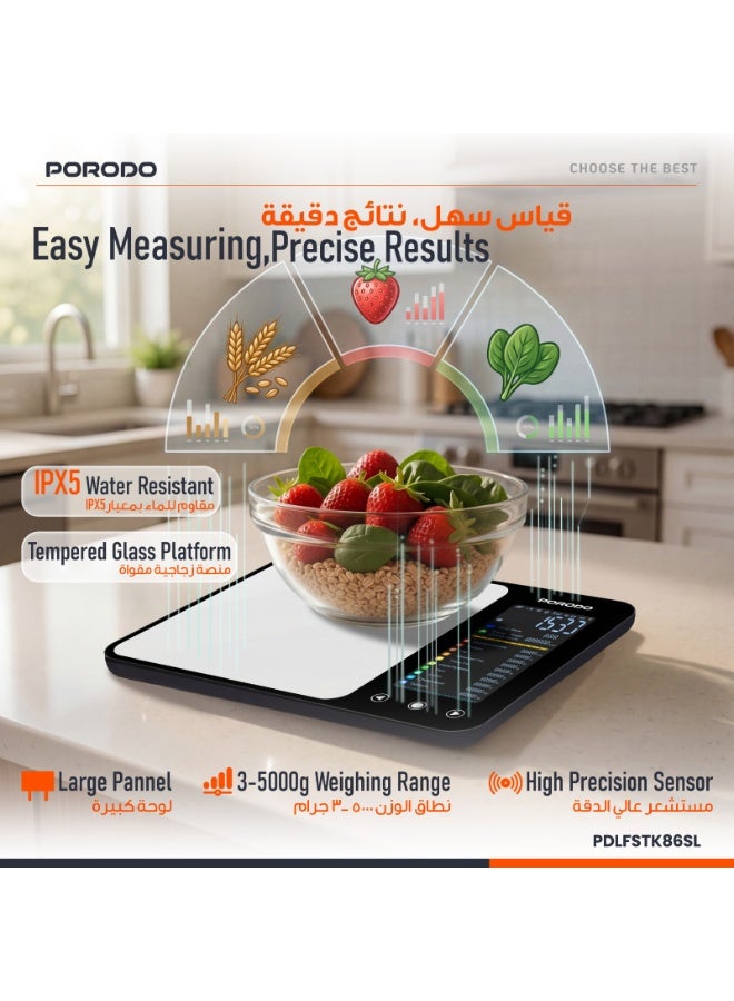 porodo Smart Food Kitchen Scale with 3-5000g Weighing Range, 5°C to 40°C Operating            temperature, High Precision Sensor, IPX5 Water Resistant, LED Digital Display, Bluetooth App Sync, Tempered Glass Platform - Silver - Image 3