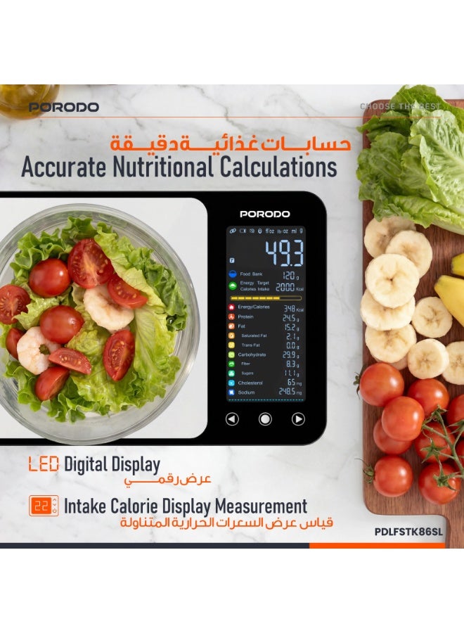 porodo Smart Food Kitchen Scale with 3-5000g Weighing Range, 5°C to 40°C Operating            temperature, High Precision Sensor, IPX5 Water Resistant, LED Digital Display, Bluetooth App Sync, Tempered Glass Platform - Silver - Image 4