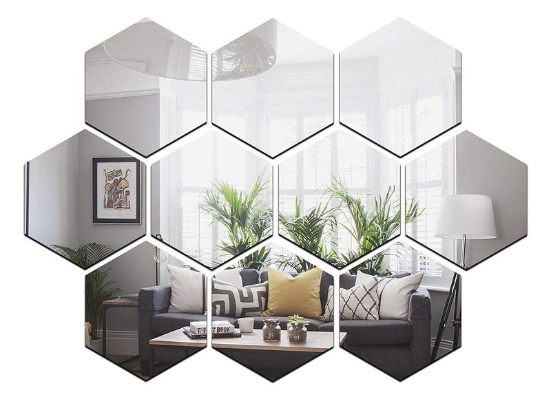 Prachit Prachit Wall Decor 3D Mirror Sticker Self Adhesive Non Glass Mirror Tiles Mirror Stickers for Home and Office Honeycomb Shape Pack of 12 pcs 7x7 Cm - Image 1