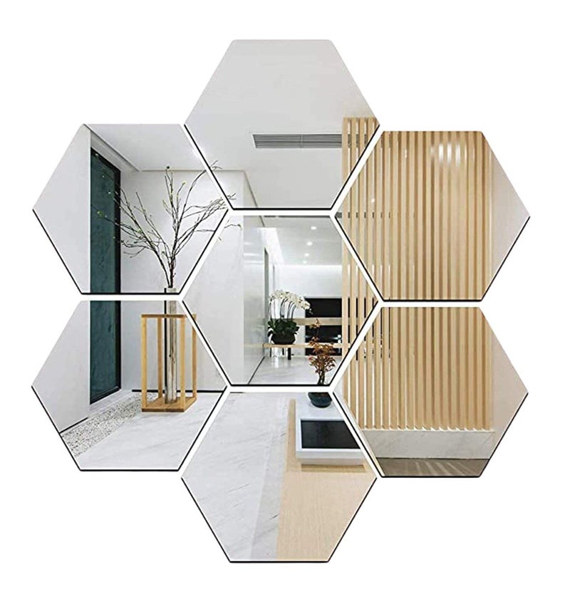 Prachit Prachit Wall Decor 3D Mirror Sticker Self Adhesive Non Glass Mirror Tiles Mirror Stickers for Home and Office Honeycomb Shape Pack of 12 pcs 7x7 Cm - Image 2
