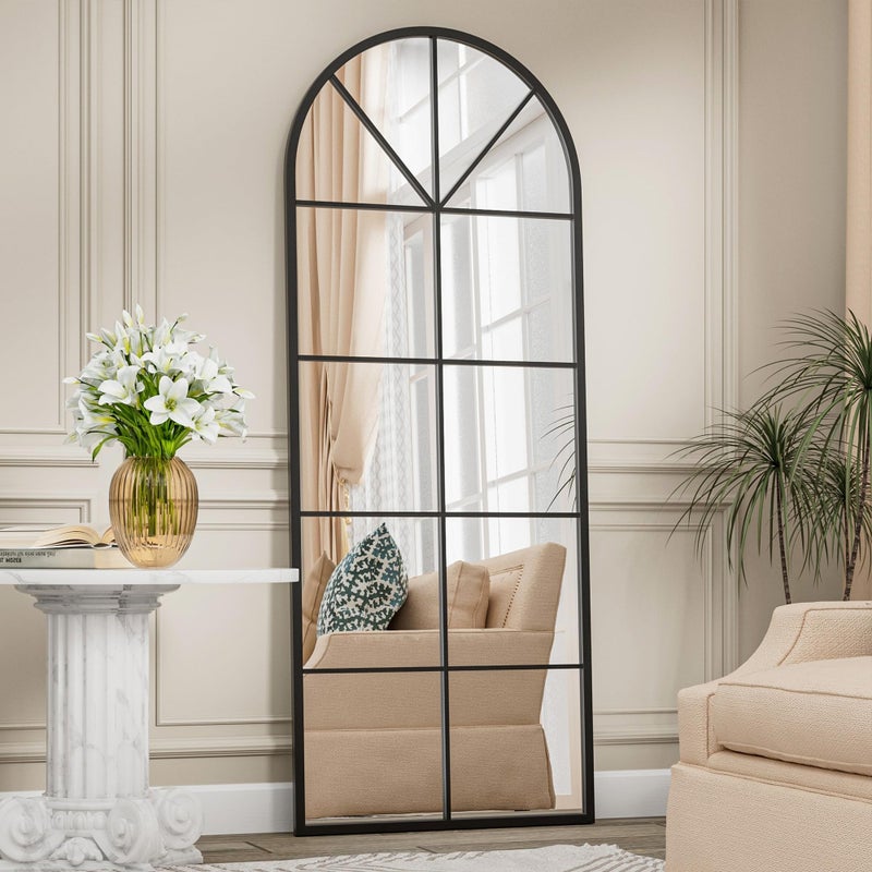 Prywot Full Length Mirror, 65"x22" Arched Window Pane Mirrors for Wall Decor, Black Full Body or Wall Mounted Mirrors, Farmhouse Standing Mirror Hanging or Leaning for Living Room, Entryway, No Stand - Image 2