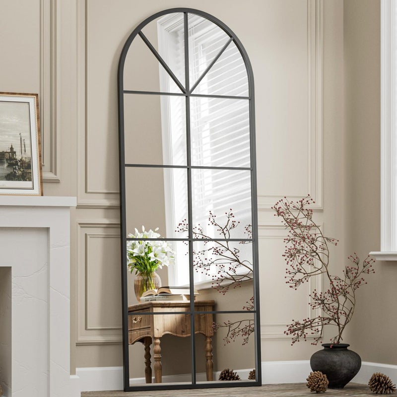 Prywot Full Length Mirror, 65"x22" Arched Window Pane Mirrors for Wall Decor, Black Full Body or Wall Mounted Mirrors, Farmhouse Standing Mirror Hanging or Leaning for Living Room, Entryway, No Stand - Image 1