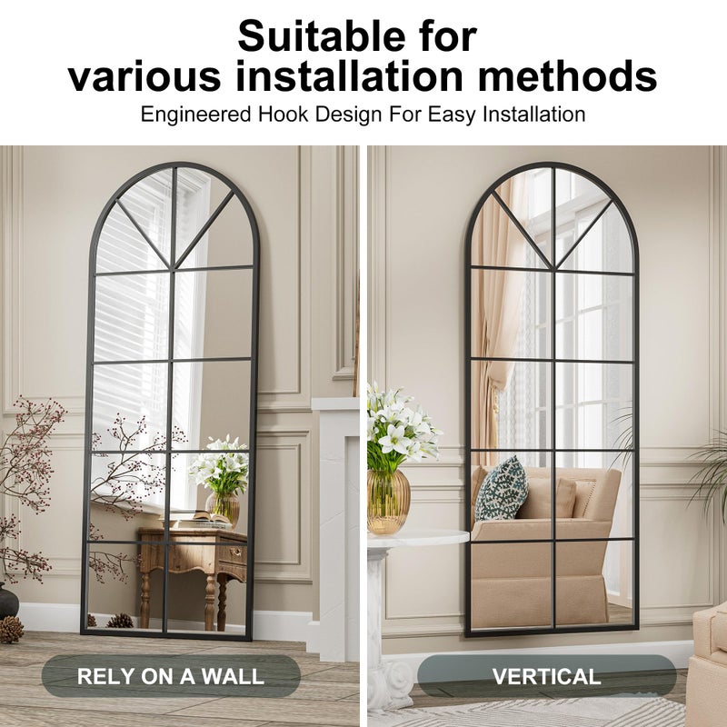 Prywot Full Length Mirror, 65"x22" Arched Window Pane Mirrors for Wall Decor, Black Full Body or Wall Mounted Mirrors, Farmhouse Standing Mirror Hanging or Leaning for Living Room, Entryway, No Stand - Image 4