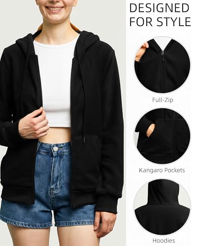 Argstar Women's Fleece Hoodies Lightweight Full Zip Sweatshirts with Pockets Long Sleeve Casual Hooded Jackets Black L - Image 4