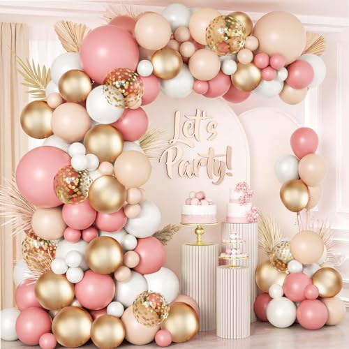 Blocesa Pink White Balloon Arch Kit Retro Pink Nude Matte White Metallic Gold Balloons and Gold Confetti Balloons for Valentines Day Boho Engagement Wedding Bridal Shower Birthday Decorations - Image 1