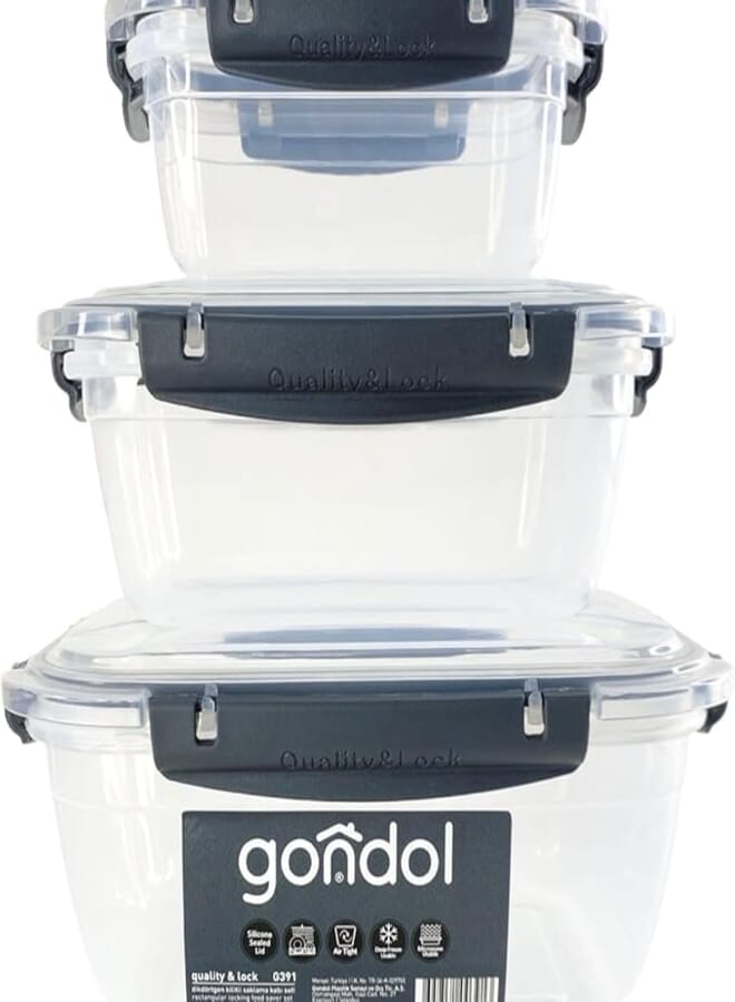 Gondol Square Leakproof 3 Pcs Storage Box Set (500ml + 900ml + 1500ml) Grey