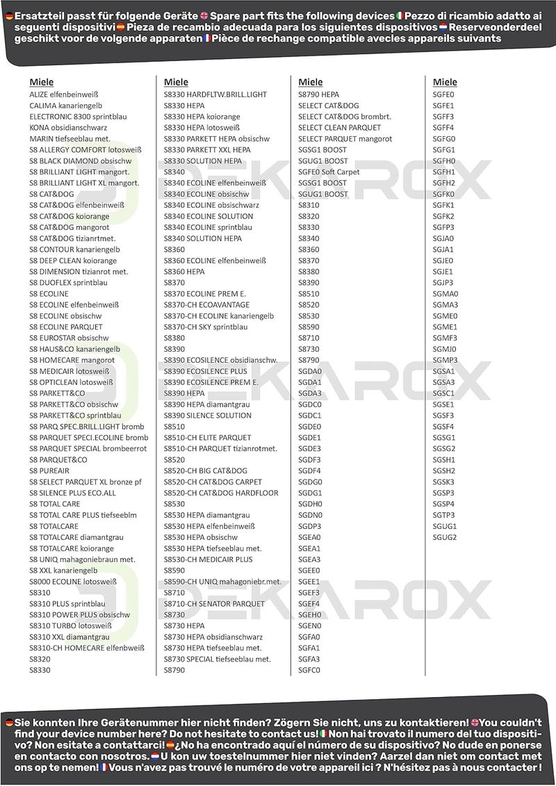 Dekarox خرطوم شفط بطول 1.9 متر مزود بمقبض، متوافق مع أجهزة الشفط من ماركة Miele رقم 10563760، والطرازات التالية: S8، S8310، S8330، S8340، S8370، S8390، S8310، S8320، S8510، S8520، S8530، S8730، إلخ. - Image 3