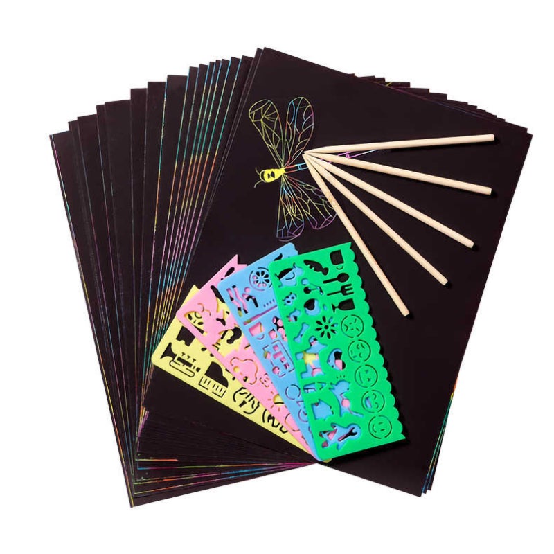Scratch Paper Art Set Rainbow Magic Scratch Paper 50 PCS for Kids Black Scratch it Off Art Crafts Kits Notes Boards  with 5 Wooden Stylus 4PCS Drawing Stencils for Girl Boy Easter Party Game - Image 1