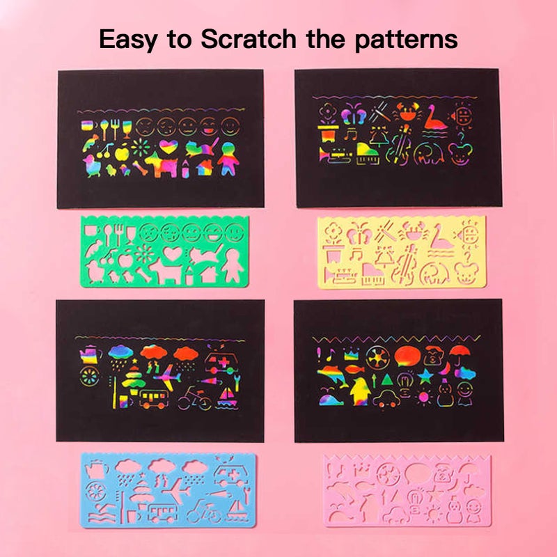 Scratch Paper Art Set Rainbow Magic Scratch Paper 50 PCS for Kids Black Scratch it Off Art Crafts Kits Notes Boards  with 5 Wooden Stylus 4PCS Drawing Stencils for Girl Boy Easter Party Game - Image 4