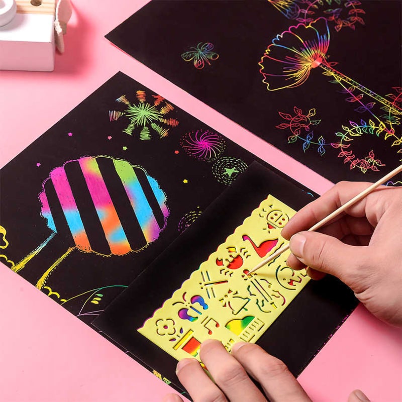Scratch Paper Art Set Rainbow Magic Scratch Paper 50 PCS for Kids Black Scratch it Off Art Crafts Kits Notes Boards  with 5 Wooden Stylus 4PCS Drawing Stencils for Girl Boy Easter Party Game - Image 5