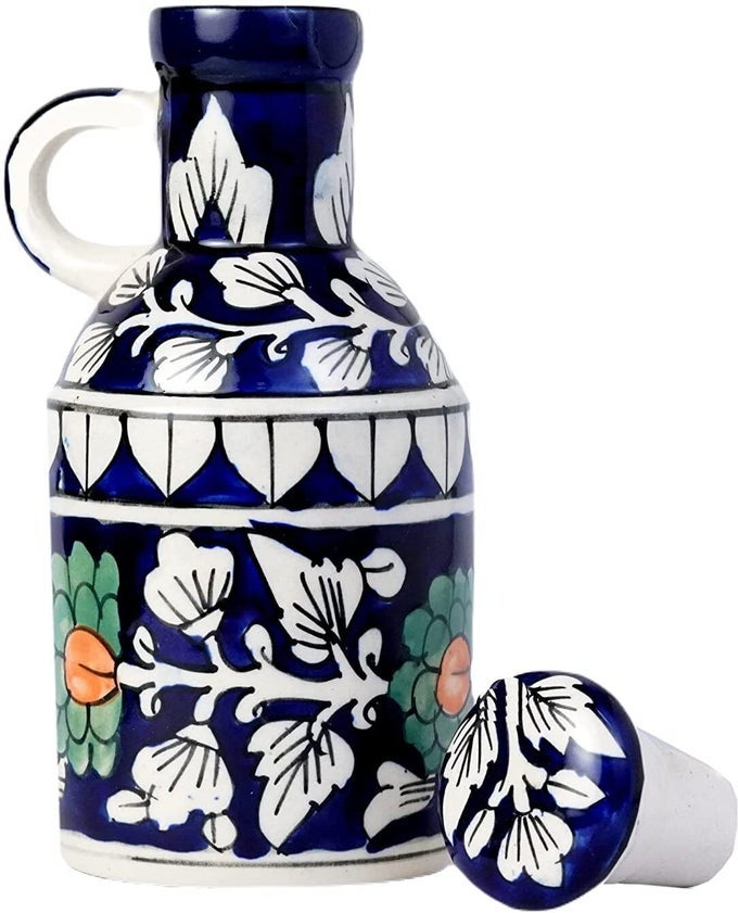 CERAMIC BLUE LEAF FLORAL ART 500 ML OIL DISPENSER FOR KITCHEN OIL BOTTLE FOR KITCHEN STORAGE 100 FOOD MICROWAVE SAFE IDEAL GIFTING AND FOR KITCHEN 1 PIECEBLUE WHITE
