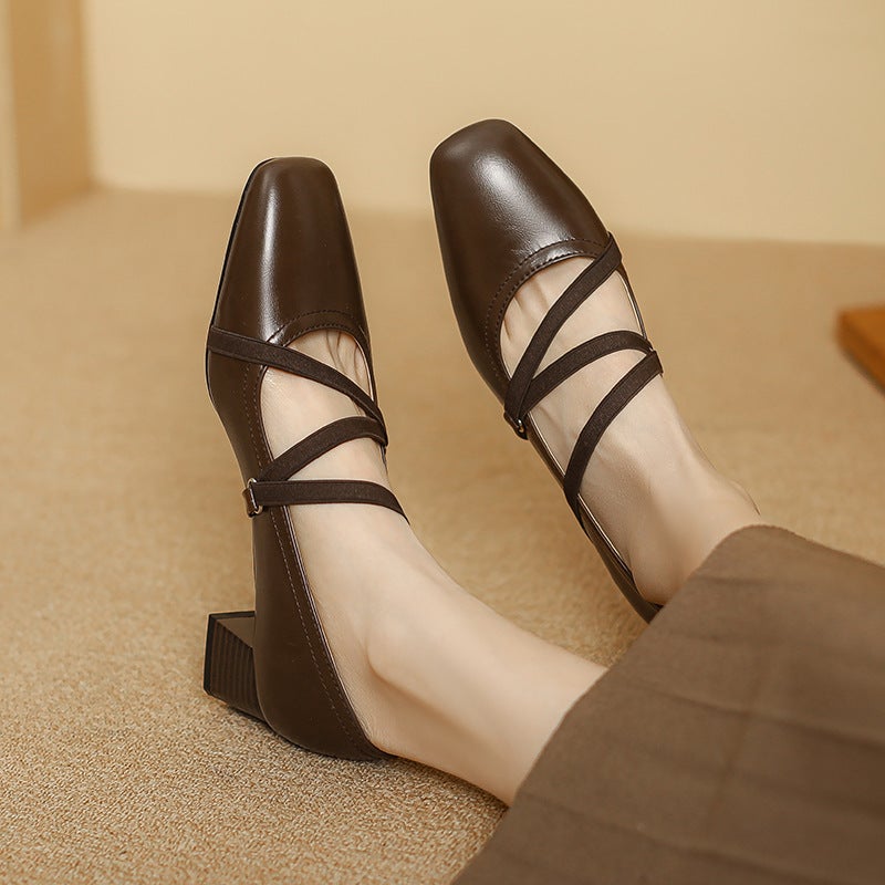 2024 Spring Comfortable Mid-Heel Women'S Shoes 31-43 Square Head Elasto Solid Color Shallow Mouth Shoes - Image 5