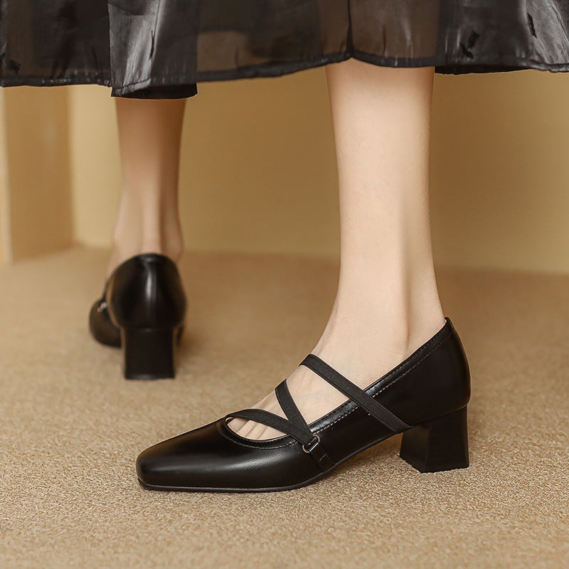 2024 Spring Comfortable Mid-Heel Women'S Shoes 31-43 Square Head Elasto Solid Color Shallow Mouth Shoes - Image 2