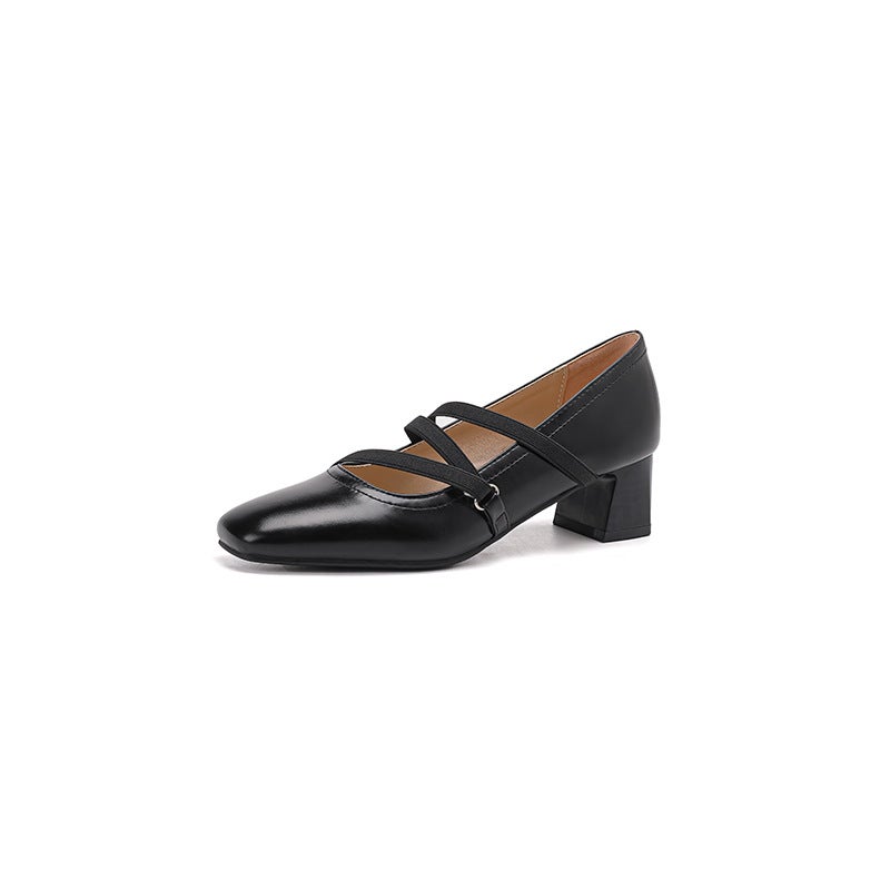 2024 Spring Comfortable Mid-Heel Women'S Shoes 31-43 Square Head Elasto Solid Color Shallow Mouth Shoes - Image 1
