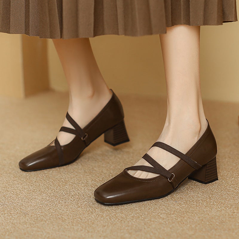 2024 Spring Comfortable Mid-Heel Women'S Shoes 31-43 Square Head Elasto Solid Color Shallow Mouth Shoes - Image 4