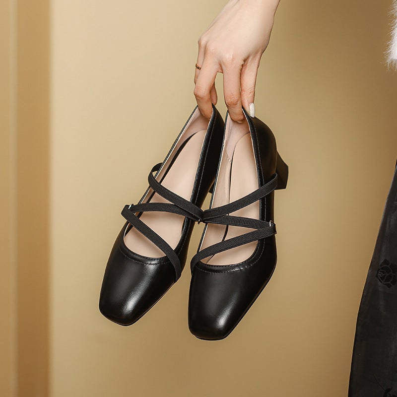 2024 Spring Comfortable Mid-Heel Women'S Shoes 31-43 Square Head Elasto Solid Color Shallow Mouth Shoes - Image 3