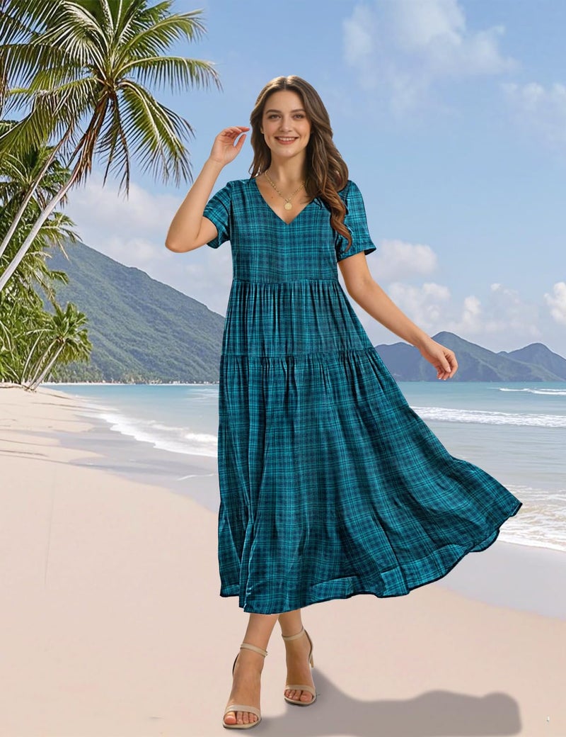 YESNO Women's Summer Maxi Dresses Casual Floral Short Sleeve V Neck Boho Beach Vacation Swing Dress with Pockets XL EVF Solid Dark Cyan - Image 2