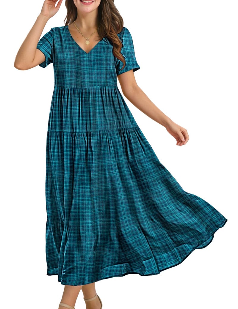 YESNO Women's Summer Maxi Dresses Casual Floral Short Sleeve V Neck Boho Beach Vacation Swing Dress with Pockets XL EVF Solid Dark Cyan - Image 1