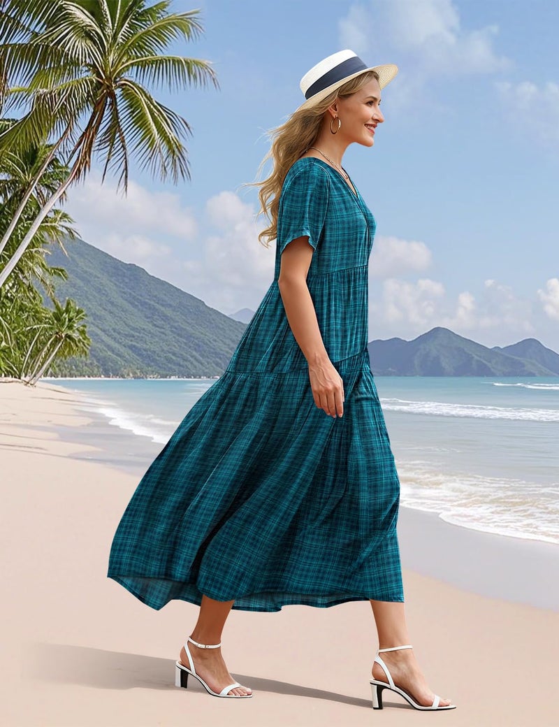 YESNO Women's Summer Maxi Dresses Casual Floral Short Sleeve V Neck Boho Beach Vacation Swing Dress with Pockets XL EVF Solid Dark Cyan - Image 3