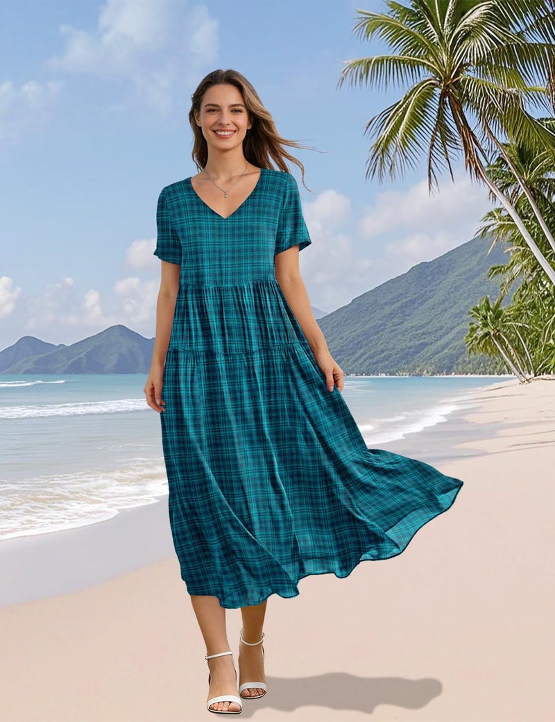 YESNO Women's Summer Maxi Dresses Casual Floral Short Sleeve V Neck Boho Beach Vacation Swing Dress with Pockets XL EVF Solid Dark Cyan - Image 5