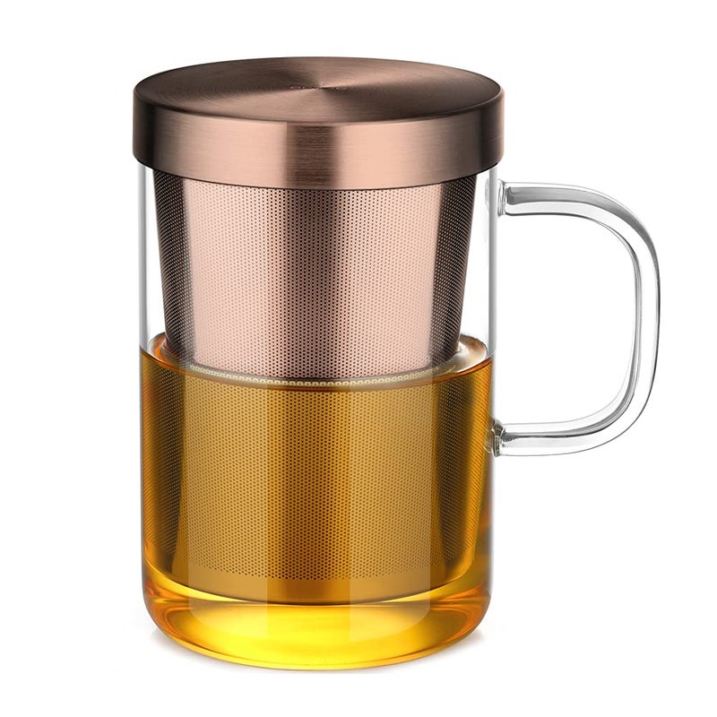 ecooe Tea Infuser Mug 16.9oz Glass Tea Cup with Removable Stainless Steel Infuser and Lid, Clear Glass Tea Cup 500ml Teacup for Loose Leaf Tea, Birthday for Parents Dad Mum Friends (Bronze) - Image 1