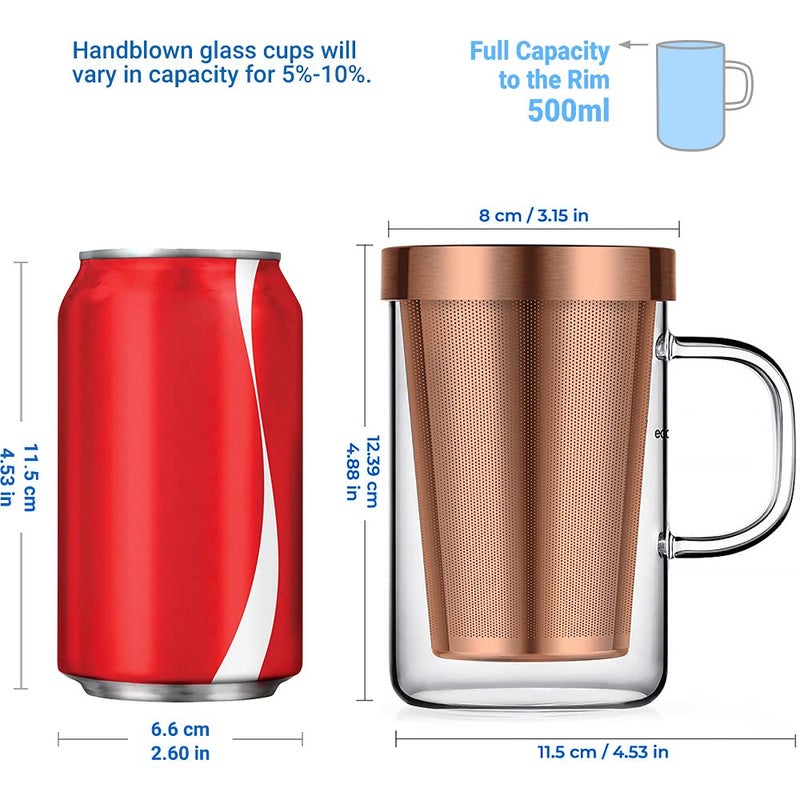 ecooe Tea Infuser Mug 16.9oz Glass Tea Cup with Removable Stainless Steel Infuser and Lid, Clear Glass Tea Cup 500ml Teacup for Loose Leaf Tea, Birthday for Parents Dad Mum Friends (Bronze) - Image 2