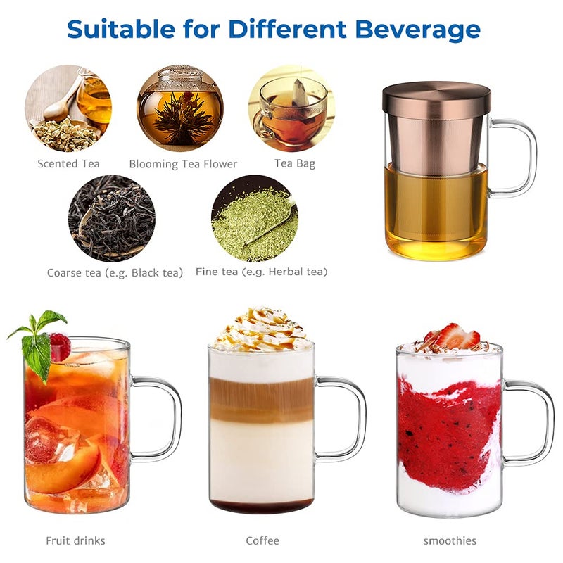 ecooe Tea Infuser Mug 16.9oz Glass Tea Cup with Removable Stainless Steel Infuser and Lid, Clear Glass Tea Cup 500ml Teacup for Loose Leaf Tea, Birthday for Parents Dad Mum Friends (Bronze) - Image 4