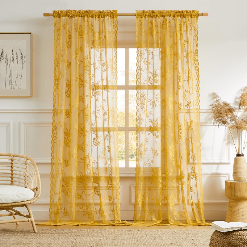 SEEKRIGHT Golden Yellow Lace Curtains 84 Inches Long 2 Panels Country Flower Sheer Curtains for Bedroom Living Room Neutral Fall Decor Rod Pocket Light Filtering Drapes for Casual Halloween Autumn, 52x84 - Image 2