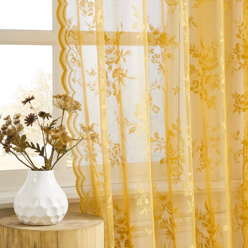 SEEKRIGHT Golden Yellow Lace Curtains 84 Inches Long 2 Panels Country Flower Sheer Curtains for Bedroom Living Room Neutral Fall Decor Rod Pocket Light Filtering Drapes for Casual Halloween Autumn, 52x84 - Image 1