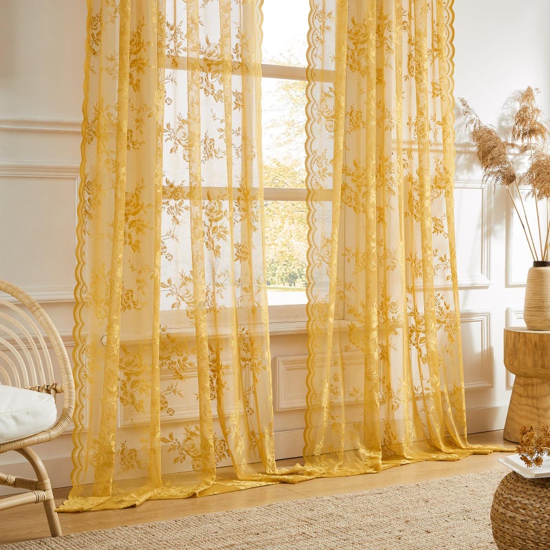 SEEKRIGHT Golden Yellow Lace Curtains 84 Inches Long 2 Panels Country Flower Sheer Curtains for Bedroom Living Room Neutral Fall Decor Rod Pocket Light Filtering Drapes for Casual Halloween Autumn, 52x84 - Image 3