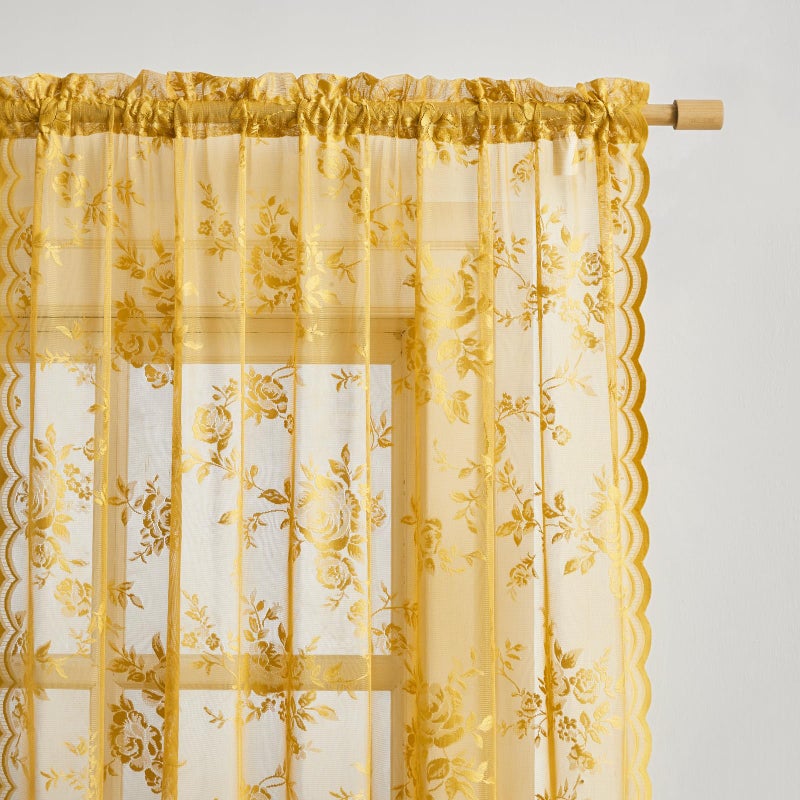 SEEKRIGHT Golden Yellow Lace Curtains 84 Inches Long 2 Panels Country Flower Sheer Curtains for Bedroom Living Room Neutral Fall Decor Rod Pocket Light Filtering Drapes for Casual Halloween Autumn, 52x84 - Image 4