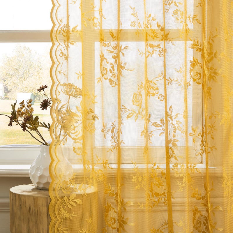 SEEKRIGHT Golden Yellow Lace Curtains 84 Inches Long 2 Panels Country Flower Sheer Curtains for Bedroom Living Room Neutral Fall Decor Rod Pocket Light Filtering Drapes for Casual Halloween Autumn, 52x84 - Image 5