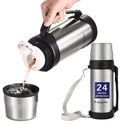 HoneyBee 41 Ounce,Vacuum Insulated Bottle,Coffee Thermos,Thermos for Hot Drinks. Twist and Pour TopThermos & Cleaning Brush. Commute, Travel, and Picnic Friendly Portable.Bpa-Free .（Silver） - Image 1