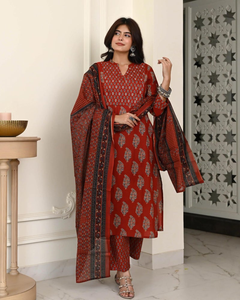 ANNI Designer Women's Rayon Viscose Straight Printed Kurta with Pant and Dupatta (HAMDAM RED_XL_RED_X-Large) - Image 4
