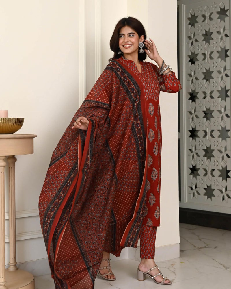 ANNI Designer Women's Rayon Viscose Straight Printed Kurta with Pant and Dupatta (HAMDAM RED_XL_RED_X-Large) - Image 3