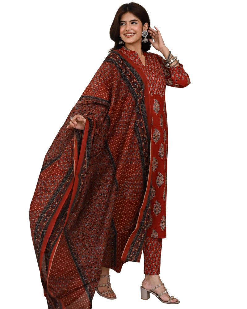 ANNI Designer Women's Rayon Viscose Straight Printed Kurta with Pant and Dupatta (HAMDAM RED_XL_RED_X-Large) - Image 1