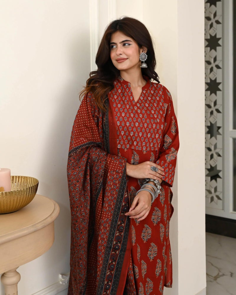 ANNI Designer Women's Rayon Viscose Straight Printed Kurta with Pant and Dupatta (HAMDAM RED_XL_RED_X-Large) - Image 5