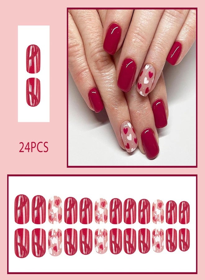 ASABITE 24 Pcs Short Square Press on Nails Valentines Fake Nails with Red White Heart Designs Red Full Cover False Nails Artificial Nails Press ons Valentines Heart Nail Reusable Stick on Nail for Women - Image 2