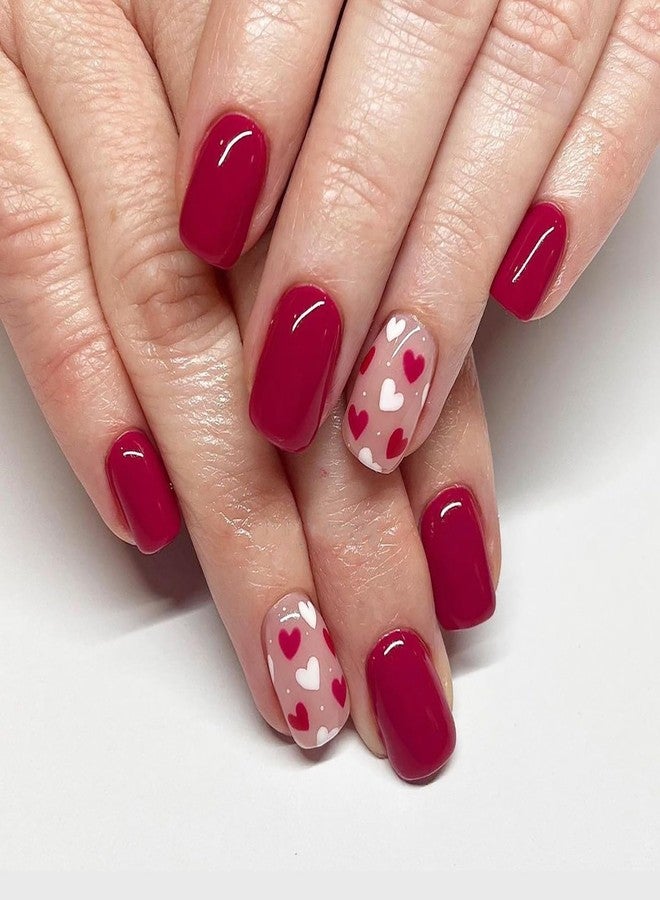ASABITE 24 Pcs Short Square Press on Nails Valentines Fake Nails with Red White Heart Designs Red Full Cover False Nails Artificial Nails Press ons Valentines Heart Nail Reusable Stick on Nail for Women - Image 1