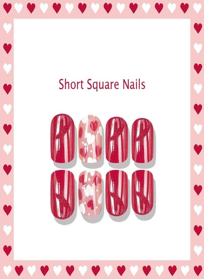 ASABITE 24 Pcs Short Square Press on Nails Valentines Fake Nails with Red White Heart Designs Red Full Cover False Nails Artificial Nails Press ons Valentines Heart Nail Reusable Stick on Nail for Women - Image 3