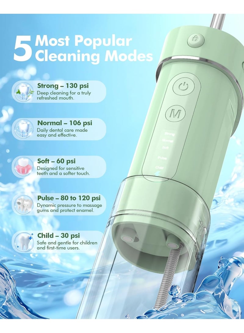 WAFLOO Water Flosser Travel Mini Cordless Portable: 5 Modes Water Dental Floss with Telescopic Water Tank, 4 Jet Tips, IPX7 Waterproof, Green - Image 5
