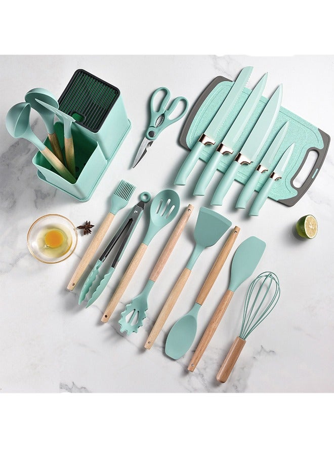 Silicone Kitchenware 19-Piece Set Non-Stick Cooking Shovel Spoon Kitchenware With Storage Bucket Knife Set For Cutting Slicing Dicing Chopping Cooking Such as Stir-Frying(green）  - Image 1