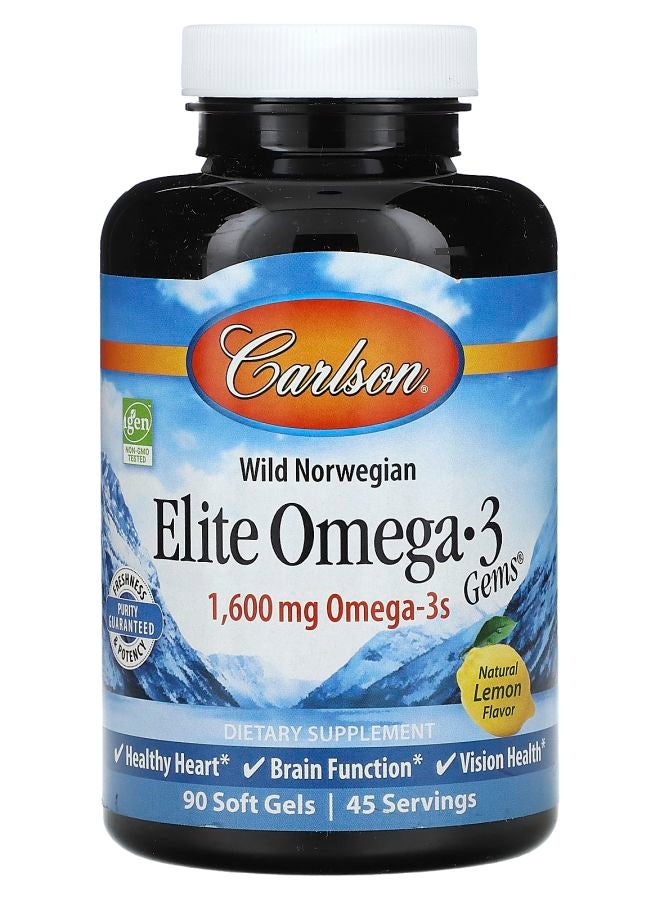 Wild Norwegian Elite Omega-3 Gems Natural Lemon 1600 mg 90 Soft Gels (800 mg per Soft Gel)