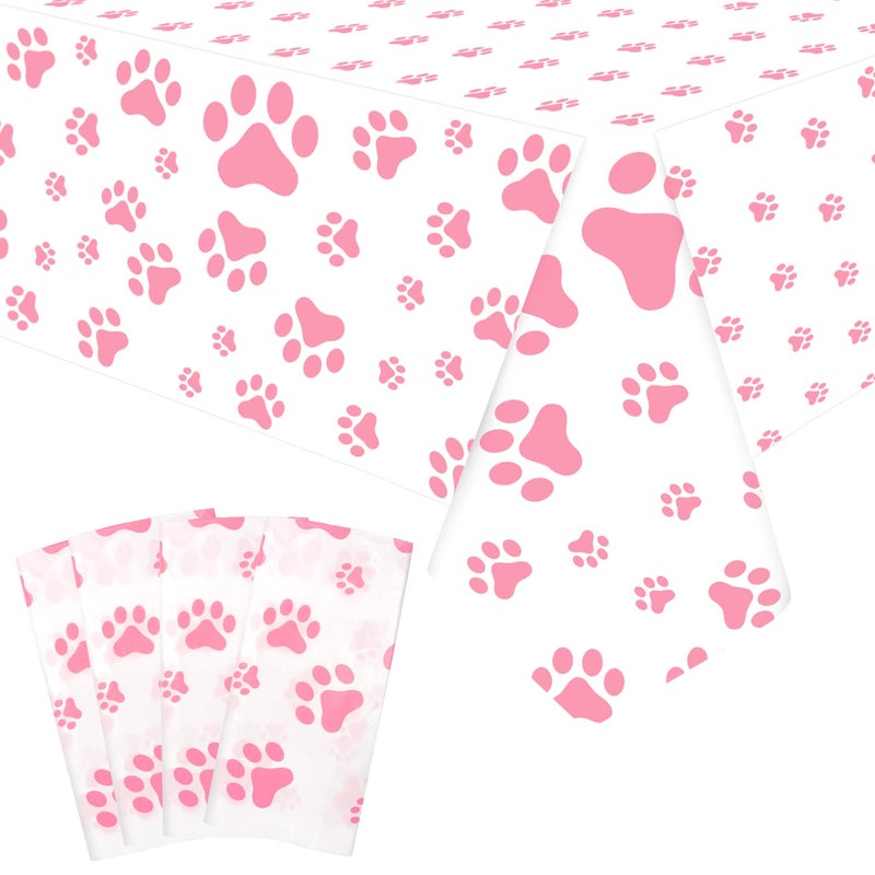 KEFAN 4 Pack Puppy Dog Pet Paw Print Plastic Tablecloth Table Cover Pink Paw Birthday Party Decorations Dog Party Decorations Puppy Party Supplies for Dog Cat Birthday Party 51x86 Inch 4