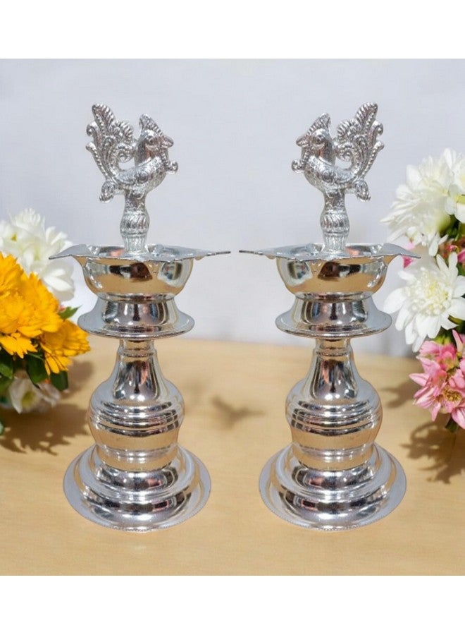 Sigaram 7x3 Inch German Silver Peacock Handle Diya for Home & Temple Festival Décor K4132 - Image 1