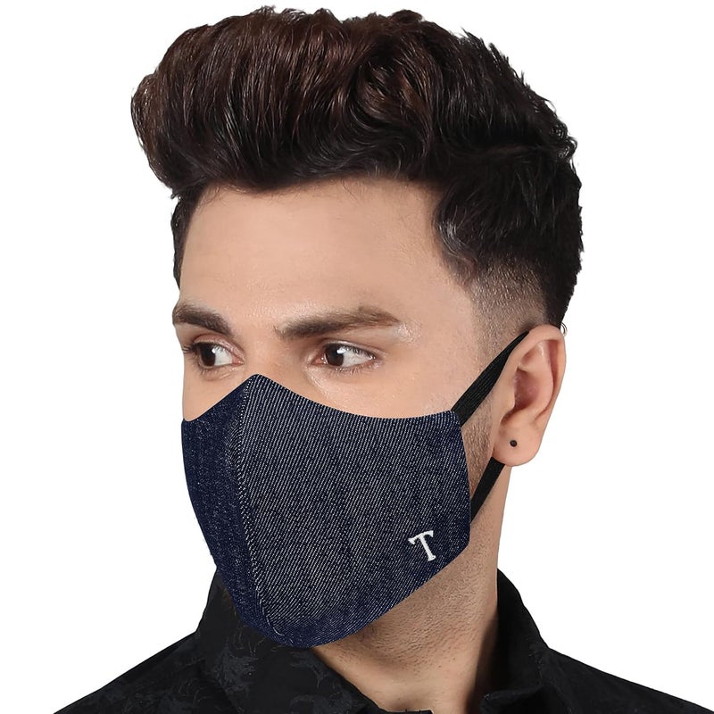 MASQ قناع وجه متعدد الطبقات 4، قابل لإعادة الاستخدام، قابل للتنفس، مضاد للبكتيريا (BFE>99%) مطرز من قماش القطن 100% مع ضبط للأذنين للرجال والنساء (كحلي-رمادي-دنيم) - Image 2